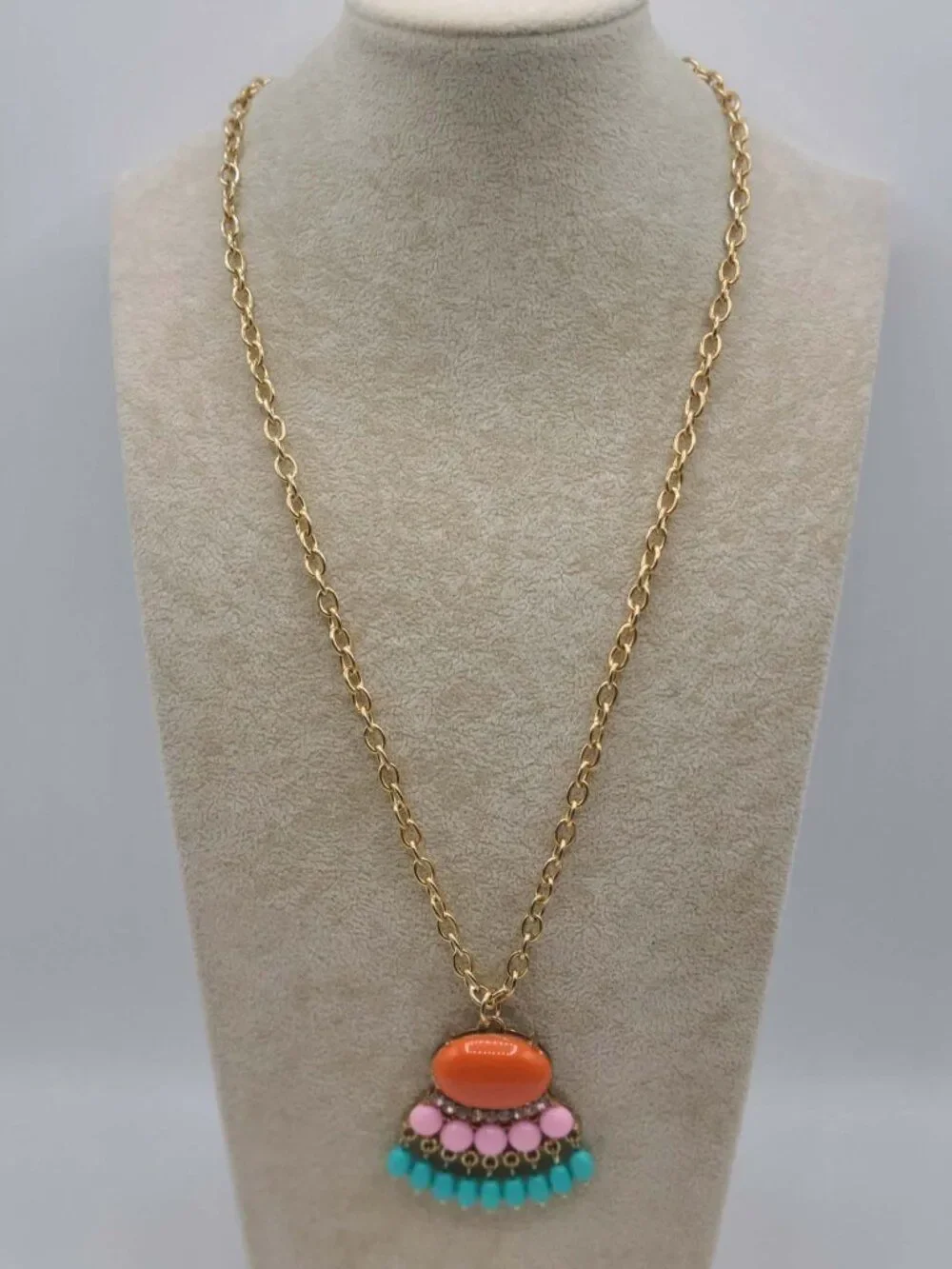 J Crew Orange Pink Blue Gold Resin Crystal Boho Long Pendant